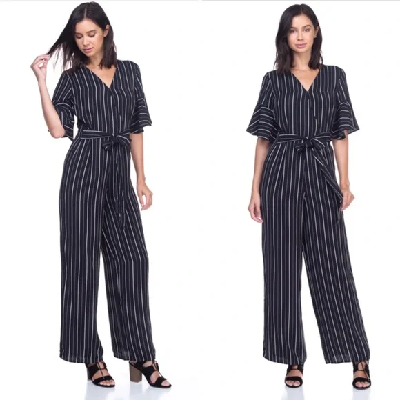 Striped ruffle short sleeves belted jumpsuit - Picture 8 of 8